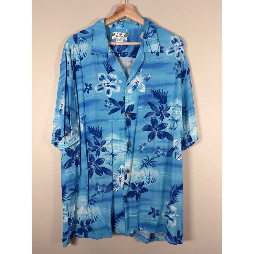 Two Palms Mens Hawaiian Shirt Blue Tropical Floral Palm Trees Mountains size XL - Picture 2 of 9